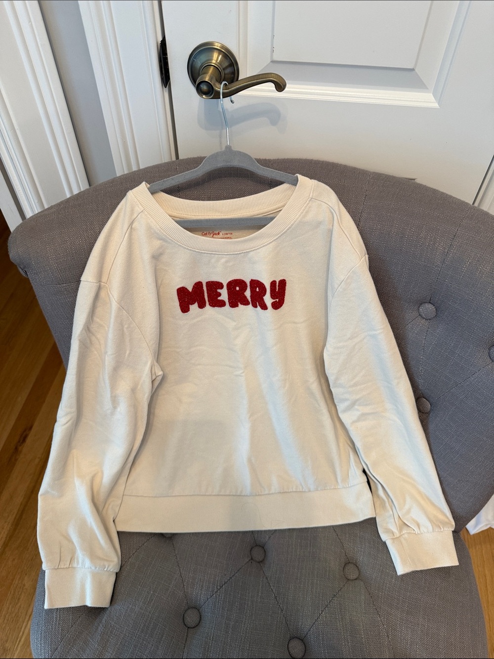 Girls Cat & Jack Cream Sweatshirt with Red 'MERRY' Chenille
